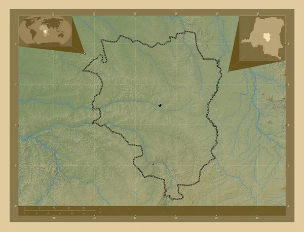 コンゴ民主共和国のサンクル県 湖や川と色の標高マップ 地域の主要都市の場所 コーナー補助位置図 — ストック写真