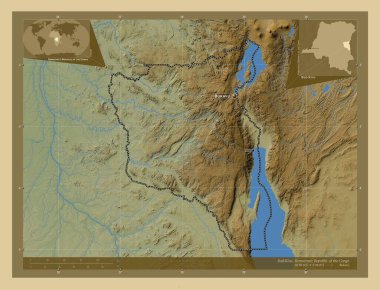 Sud-Kivu, Demokratik Kongo Cumhuriyeti. Gölleri ve nehirleri olan renkli yükseklik haritası. Bölgenin büyük şehirlerinin yerleri ve isimleri. Köşedeki yedek konum haritaları