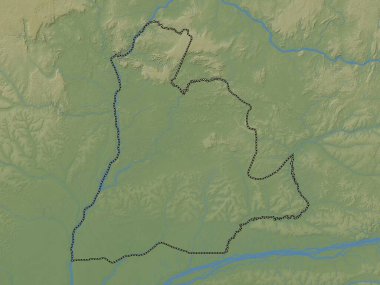 Sud-Ubangi, Demokratik Kongo Cumhuriyeti ili. Gölleri ve nehirleri olan renkli yükseklik haritası