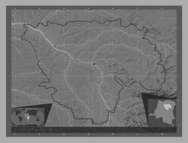 Tshopo, Demokratik Kongo Cumhuriyeti eyaleti. Göllü ve nehirli çift katlı yükseklik haritası. Bölgenin büyük şehirlerinin yerleri. Köşedeki yedek konum haritaları