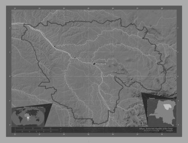 Tshopo, Demokratik Kongo Cumhuriyeti eyaleti. Göllü ve nehirli çift katlı yükseklik haritası. Bölgenin büyük şehirlerinin yerleri ve isimleri. Köşedeki yedek konum haritaları