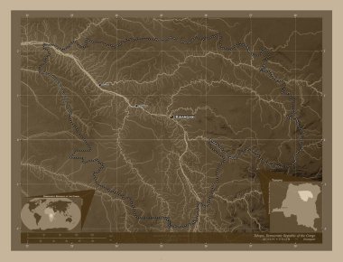 Tshopo, Demokratik Kongo Cumhuriyeti eyaleti. Yükseklik haritası sepya tonlarında göller ve nehirlerle renklendirilmiş. Bölgenin büyük şehirlerinin yerleri ve isimleri. Köşedeki yedek konum haritaları