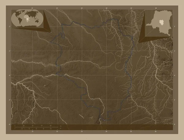 Sankuru, Demokratik Kongo Cumhuriyeti ili. Yükseklik haritası sepya tonlarında göller ve nehirlerle renklendirilmiş. Köşedeki yedek konum haritaları