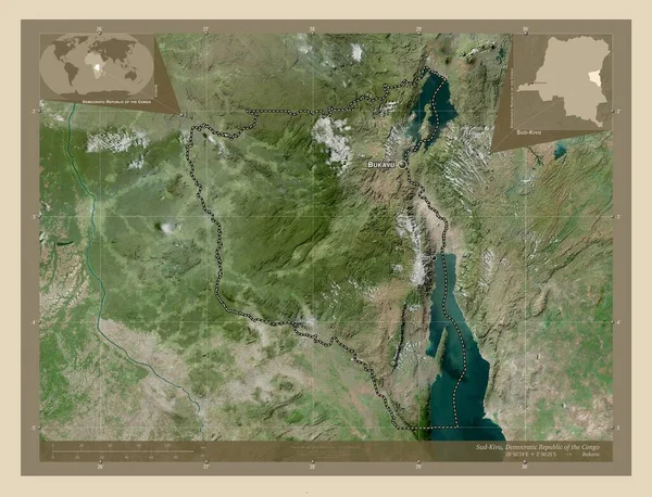 コンゴ民主共和国のサド キヴ県 高解像度衛星地図 地域の主要都市の位置と名前 コーナー補助位置図 — ストック写真
