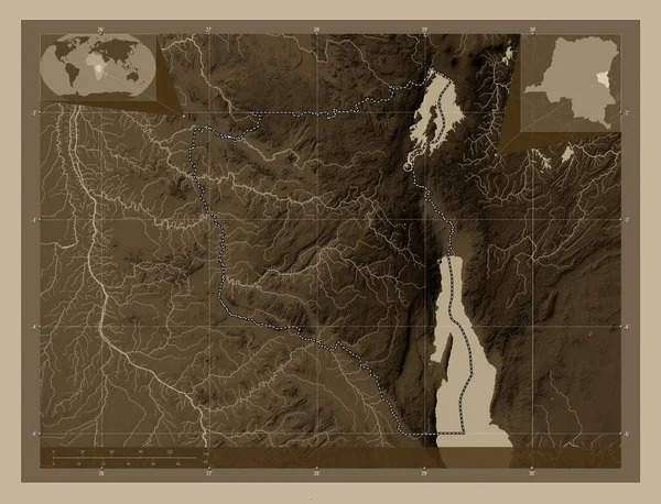 南基伍省 高程图 用深紫色调涂上湖泊和河流 该区域主要城市的所在地点 角辅助位置图 — 图库照片