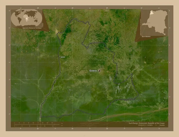 コンゴ民主共和国の州 ウバンギ 低解像度衛星地図 地域の主要都市の位置と名前 コーナー補助位置図 — ストック写真