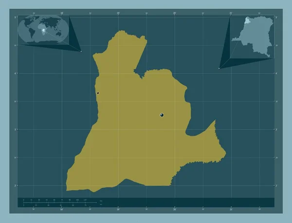 コンゴ民主共和国の州 ウバンギ しっかりした色の形 地域の主要都市の場所 コーナー補助位置図 — ストック写真