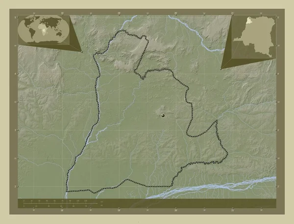 コンゴ民主共和国の州 ウバンギ 湖や川とWikiスタイルで着色された標高マップ コーナー補助位置図 — ストック写真