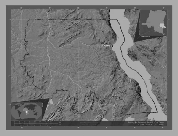 コンゴ民主共和国のタンガニーカ州 湖や川と二階の標高マップ 地域の主要都市の位置と名前 コーナー補助位置図 — ストック写真