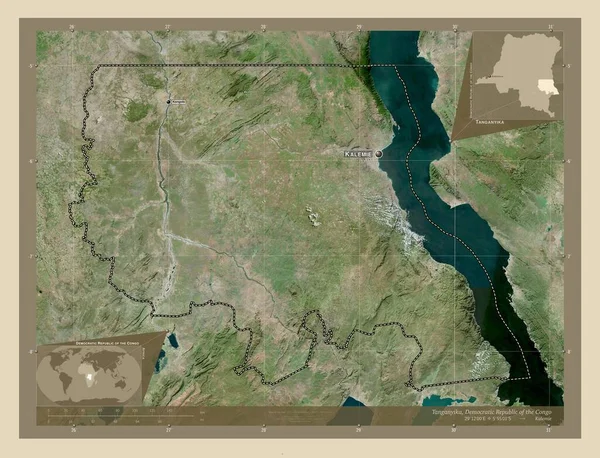 コンゴ民主共和国のタンガニーカ州 高解像度衛星地図 地域の主要都市の位置と名前 コーナー補助位置図 — ストック写真
