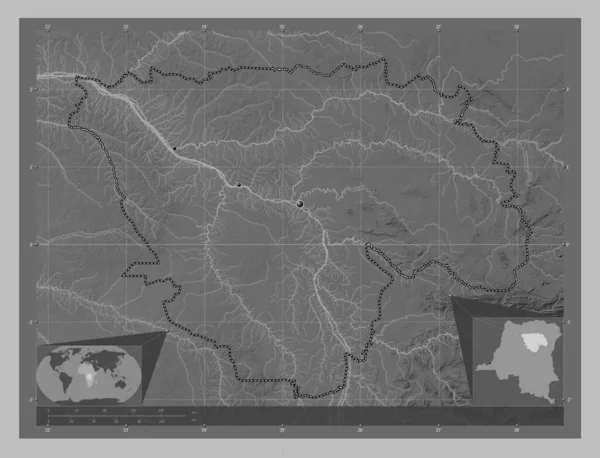 コンゴ民主共和国のトショポ州 湖や川とグレースケールの標高マップ 地域の主要都市の場所 コーナー補助位置図 — ストック写真