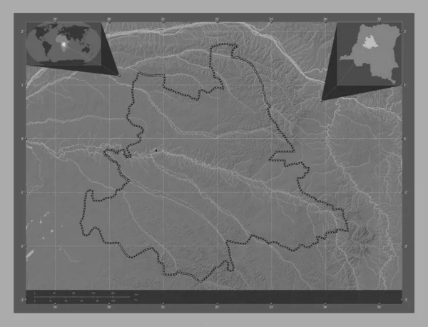 コンゴ民主共和国のツアパ州 湖や川と二階の標高マップ 地域の主要都市の場所 コーナー補助位置図 — ストック写真