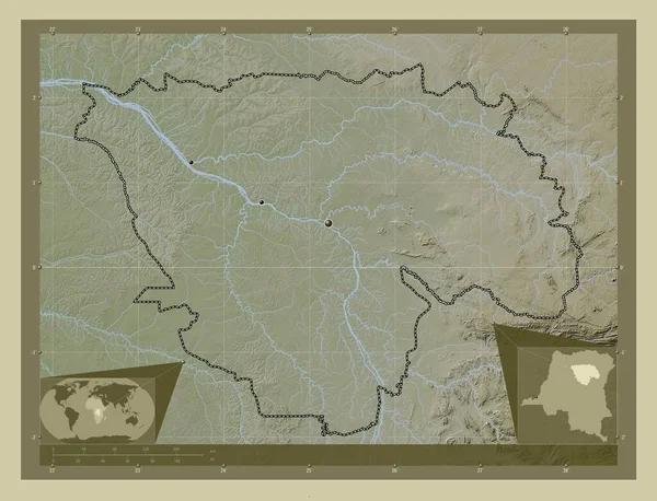 コンゴ民主共和国のトショポ州 湖や川とWikiスタイルで着色された標高マップ 地域の主要都市の場所 コーナー補助位置図 — ストック写真
