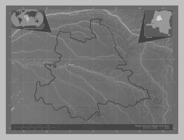 コンゴ民主共和国のツアパ州 湖や川とグレースケールの標高マップ 地域の主要都市の位置と名前 コーナー補助位置図 — ストック写真