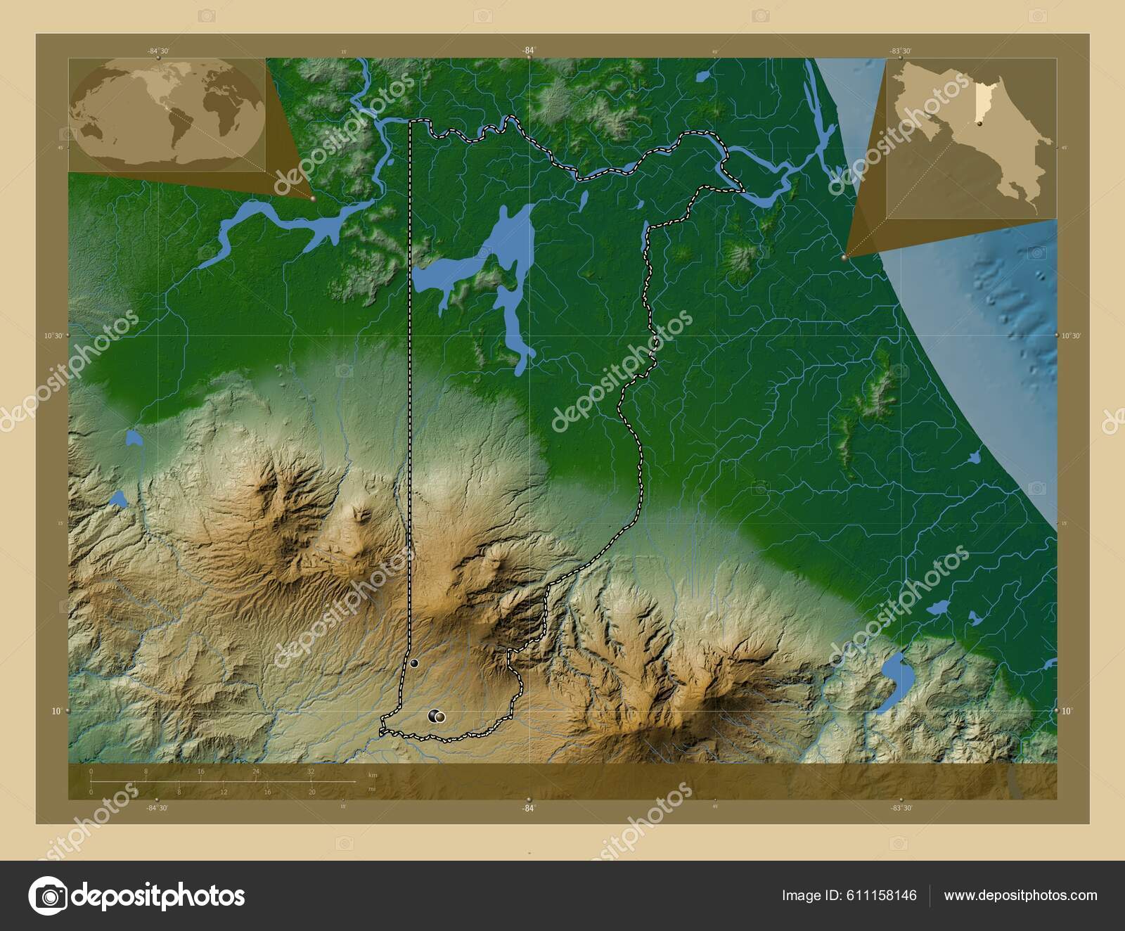 Heredia Province Costa Rica Colored Elevation Map Lakes Rivers Locations Stock Photo by ©Yarr65