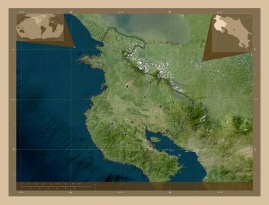 Guanacaste, Kosta Rika vilayeti. Düşük çözünürlüklü uydu. Bölgenin büyük şehirlerinin yerleri. Köşedeki yedek konum haritaları