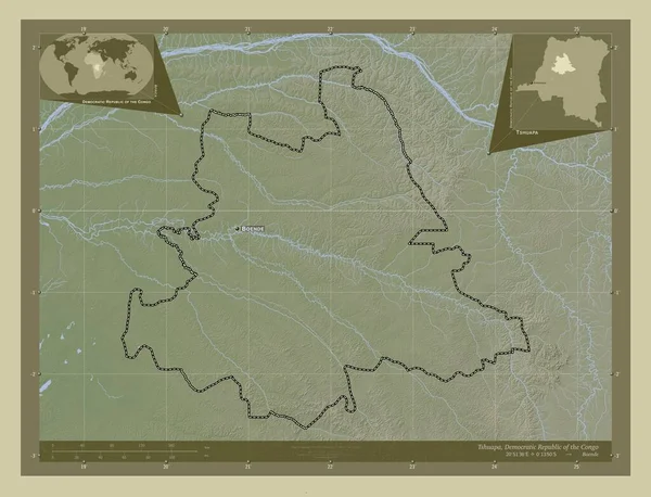 Tshuapa Province Democratic Republic Congo 用Wiki风格绘制的带有湖泊和河流的高程地图 该区域主要城市的地点和名称 角辅助位置图 — 图库照片