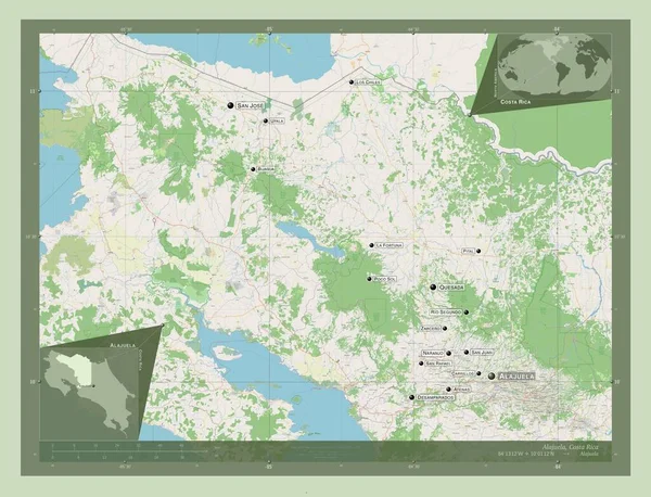 コスタリカの州 アラフエラ ストリートマップを開く 地域の主要都市の位置と名前 コーナー補助位置図 — ストック写真