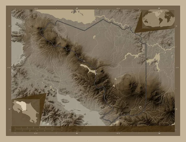 Alajuela Provincie Kostarika Zdvihová Mapa Zbarvená Sépiovými Tóny Jezery Řekami — Stock fotografie