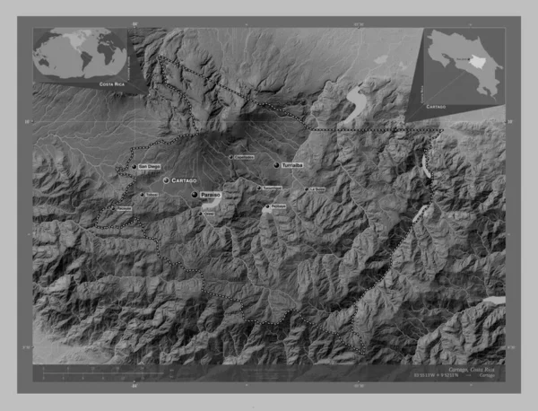 Картаго Провінція Коста Рика Граймасштабна Мапа Висот Озерами Річками Місця — стокове фото