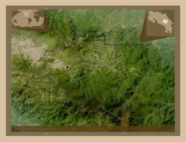 コスタリカの州 カルタゴ 低解像度衛星地図 地域の主要都市の場所 コーナー補助位置図 — ストック写真