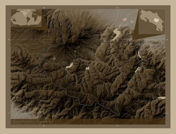 Cartago Επαρχία Της Κόστα Ρίκα Υψόμετρο Χάρτη Χρωματισμένο Τόνους Σέπια — Φωτογραφία Αρχείου