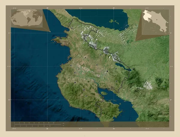 Guanacaste Prowincja Kostaryki Mapa Satelity Wysokiej Rozdzielczości Lokalizacje Dużych Miast — Zdjęcie stockowe