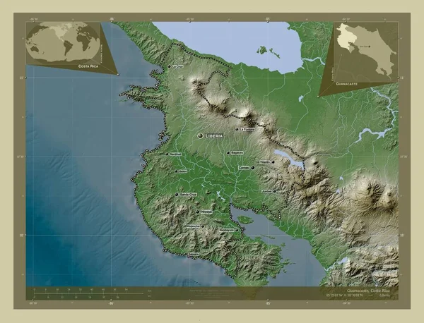 コスタリカの州 グアナカステ 湖や川とWikiスタイルで着色された標高マップ 地域の主要都市の位置と名前 コーナー補助位置図 — ストック写真