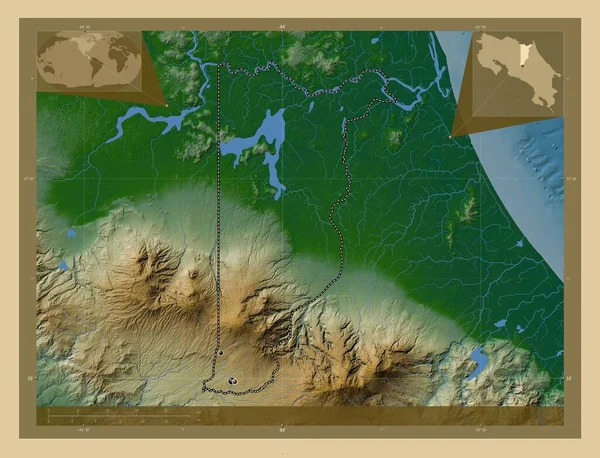 コスタリカの州の一つ 湖や川と色の標高マップ 地域の主要都市の場所 コーナー補助位置図 — ストック写真
