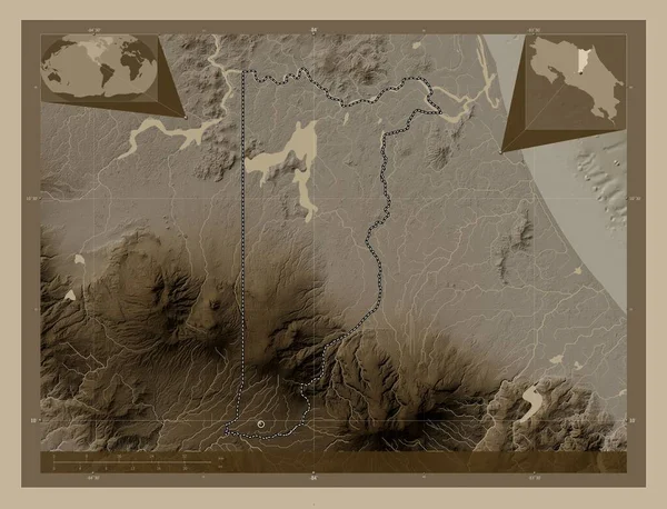 Heredia Επαρχία Της Κόστα Ρίκα Υψόμετρο Χάρτη Χρωματισμένο Τόνους Σέπια — Φωτογραφία Αρχείου