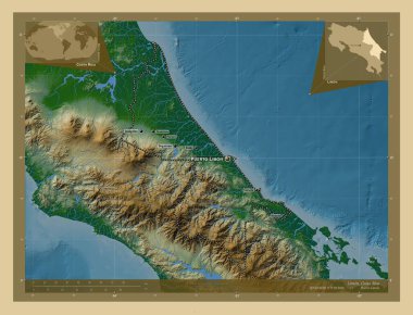 Limon, Kosta Rika vilayeti. Gölleri ve nehirleri olan renkli yükseklik haritası. Bölgenin büyük şehirlerinin yerleri ve isimleri. Köşedeki yedek konum haritaları