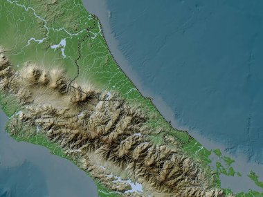 Limon, Kosta Rika vilayeti. Yükseklik haritası göller ve nehirlerle wiki stilinde renklendirilmiştir