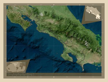 Puntarenas, Kosta Rika vilayeti. Yüksek çözünürlüklü uydu. Bölgenin büyük şehirlerinin yerleri. Köşedeki yedek konum haritaları