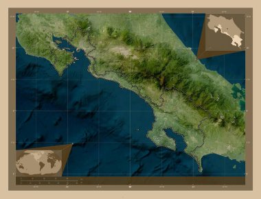 Puntarenas, Kosta Rika vilayeti. Düşük çözünürlüklü uydu. Köşedeki yedek konum haritaları