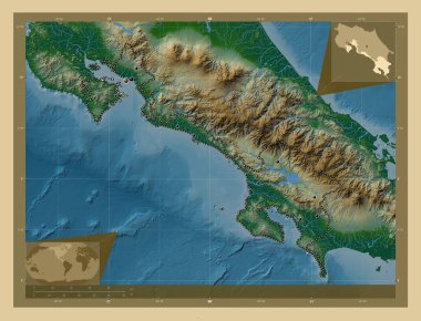 Puntarenas, Kosta Rika vilayeti. Gölleri ve nehirleri olan renkli yükseklik haritası. Bölgenin büyük şehirlerinin yerleri. Köşedeki yedek konum haritaları