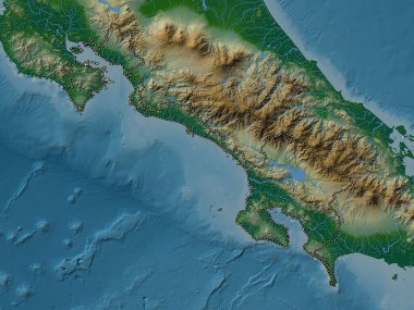 Puntarenas, Kosta Rika vilayeti. Gölleri ve nehirleri olan renkli yükseklik haritası