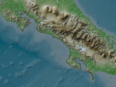 Puntarenas, Kosta Rika vilayeti. Yükseklik haritası göller ve nehirlerle wiki stilinde renklendirilmiştir
