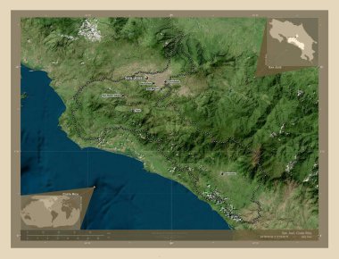 San Jose, Kosta Rika vilayeti. Yüksek çözünürlüklü uydu. Bölgenin büyük şehirlerinin yerleri ve isimleri. Köşedeki yedek konum haritaları
