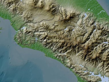 San Jose, Kosta Rika vilayeti. Yükseklik haritası göller ve nehirlerle wiki stilinde renklendirilmiştir