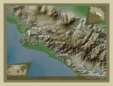 San Jose, Kosta Rika vilayeti. Yükseklik haritası göller ve nehirlerle wiki tarzında renklendirilmiş. Bölgenin büyük şehirlerinin yerleri ve isimleri. Köşedeki yedek konum haritaları