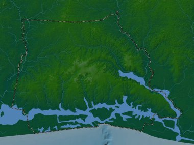 Abidjan, Cote d 'Ivoire' ın özerk bölgesi. Gölleri ve nehirleri olan renkli yükseklik haritası
