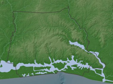 Abidjan, Cote d 'Ivoire' ın özerk bölgesi. Yükseklik haritası göller ve nehirlerle wiki stilinde renklendirilmiştir