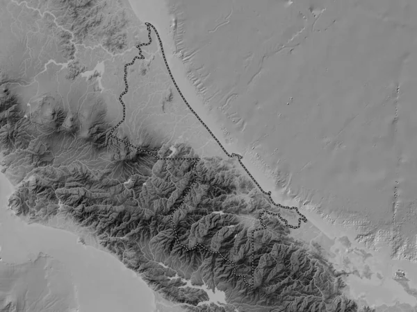 Limon, Kosta Rika vilayeti. Gölleri ve nehirleri olan gri tonlama yükseklik haritası