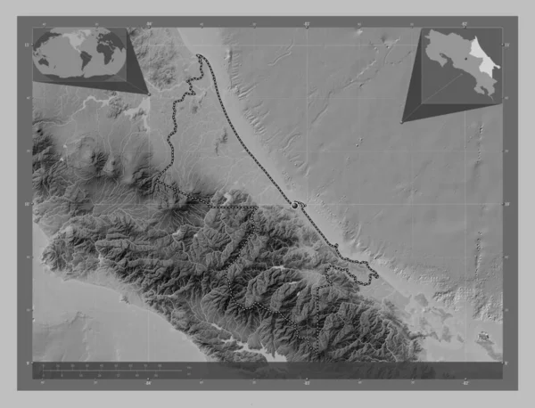 哥斯达黎加省 带有湖泊和河流的灰度高程图 角辅助位置图 — 图库照片