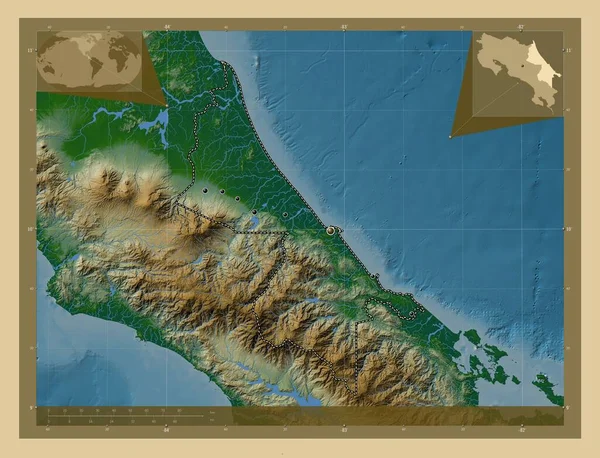 Λιμόν Επαρχία Κόστα Ρίκα Χρωματιστός Υψομετρικός Χάρτης Λίμνες Και Ποτάμια — Φωτογραφία Αρχείου