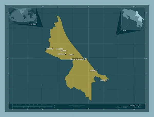 コスタリカ共和国の州 しっかりした色の形 地域の主要都市の位置と名前 コーナー補助位置図 — ストック写真