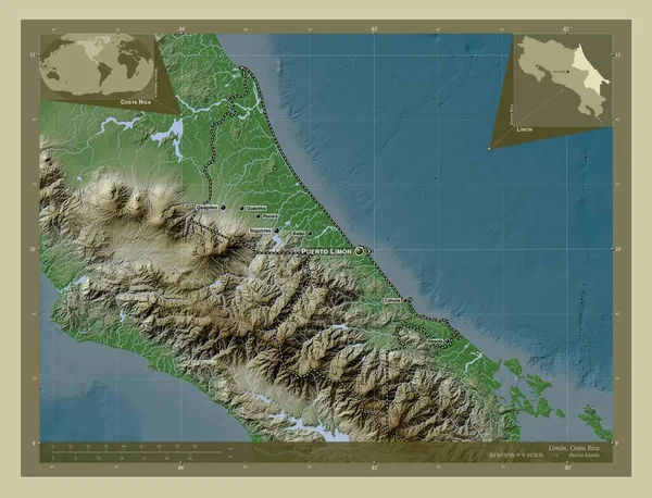 コスタリカ共和国の州 湖や川とWikiスタイルで着色された標高マップ 地域の主要都市の位置と名前 コーナー補助位置図 — ストック写真