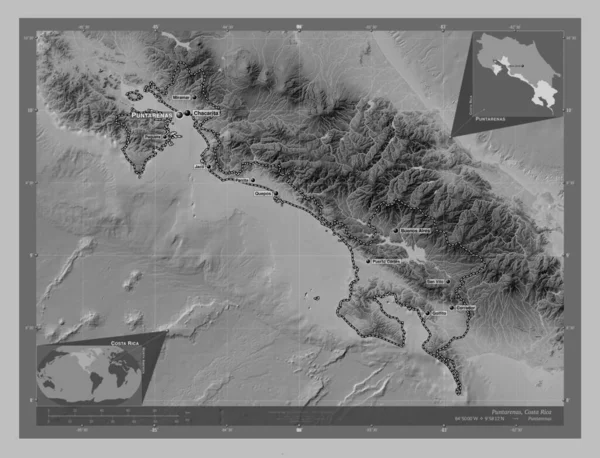 Puntarenas Prowincja Kostaryka Mapa Wzniesień Skali Szarości Jeziorami Rzekami Lokalizacje — Zdjęcie stockowe