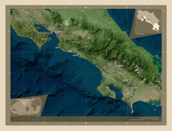 Puntarenas, Kosta Rika vilayeti. Yüksek çözünürlüklü uydu. Bölgenin büyük şehirlerinin yerleri ve isimleri. Köşedeki yedek konum haritaları
