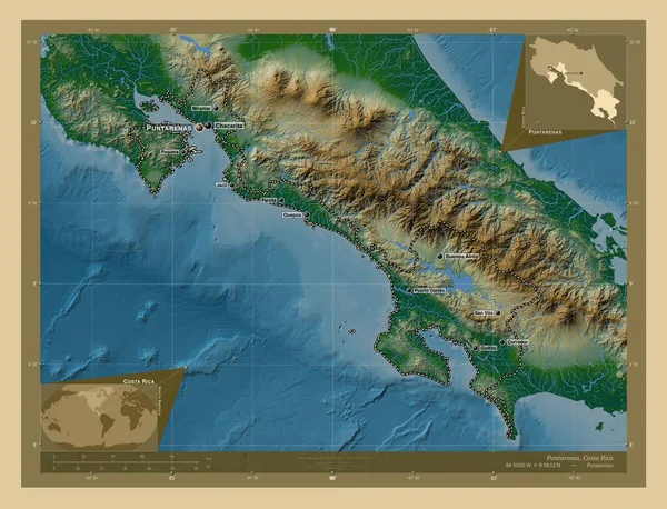 Puntarenas, Kosta Rika vilayeti. Gölleri ve nehirleri olan renkli yükseklik haritası. Bölgenin büyük şehirlerinin yerleri ve isimleri. Köşedeki yedek konum haritaları